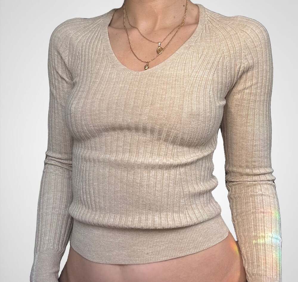 MNG Ribbed V-Neck Sweater Size XS Oatmeal Long Sleeve
